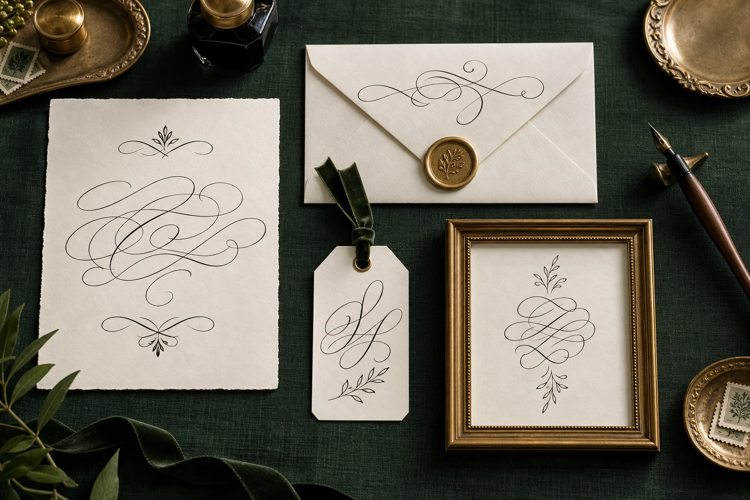 Convite, envelope, etiqueta e quadro decorados com floreios de caligrafia